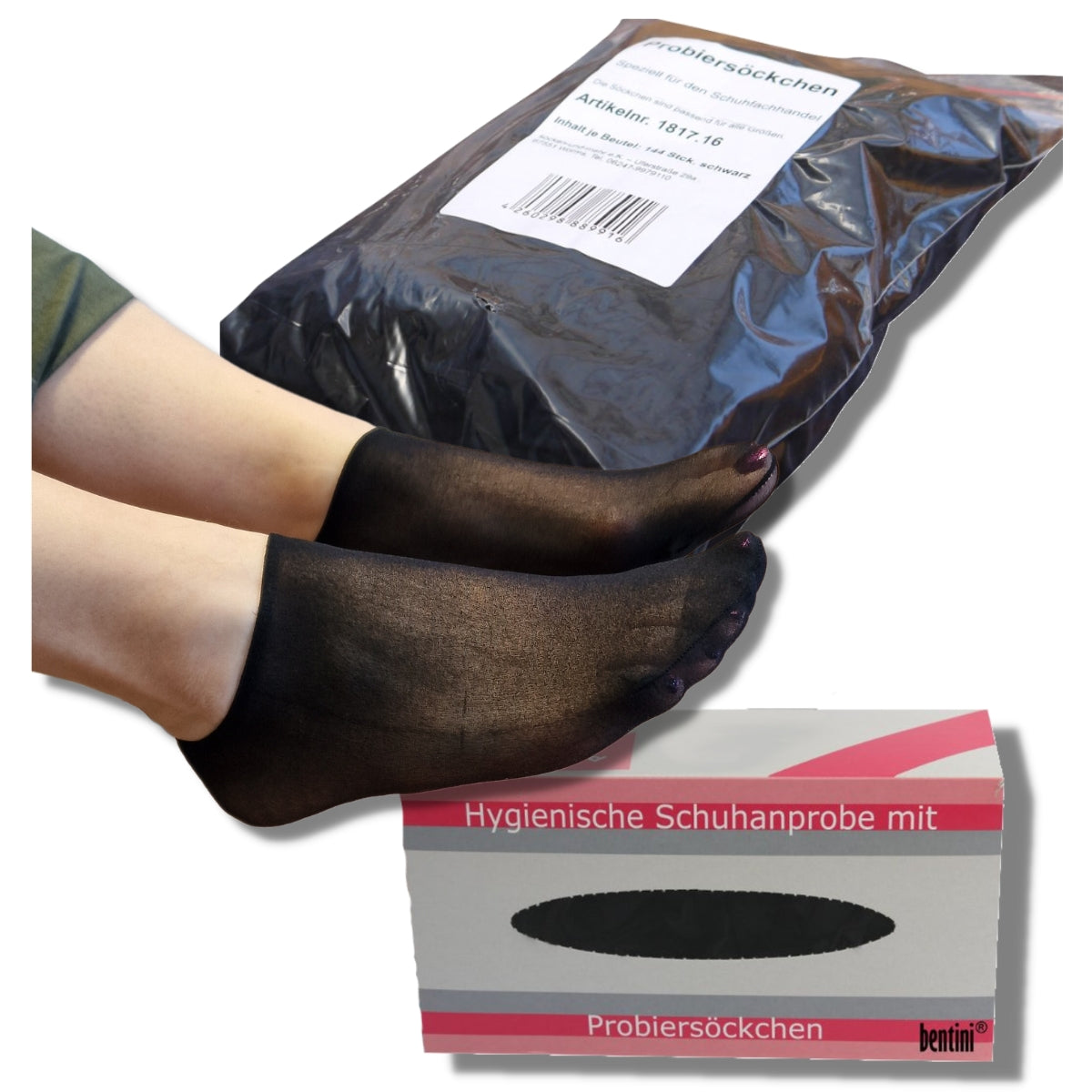 Bentini® Probierstrümpfe schwarz mit Spenderbox | 144 Stck.